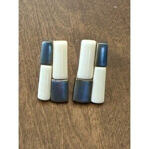 Vintage White Color Block Enamel Clip On Earrings Mid Century Retro Signed SL